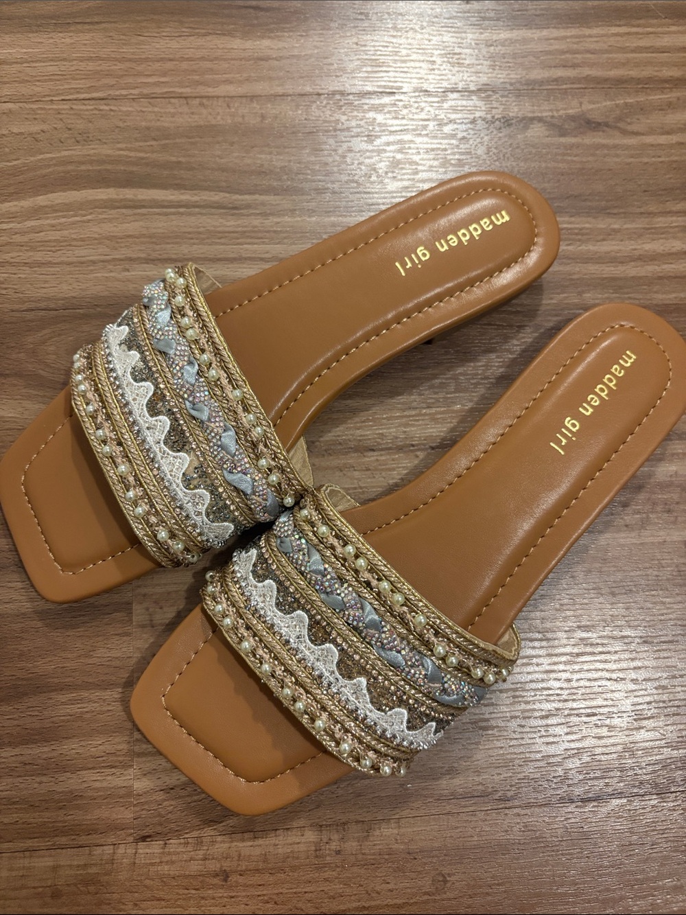 Madden Girl Tan Beaded Embroidered Slide Sandals